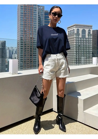 Kadın Lacivert Classical Ön Baskılı Oversize T-shirt Lacivert