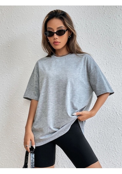 Düz Basic T-shirt - Gri Oversize Bisiklet Yaka Kısa Kol Gri
