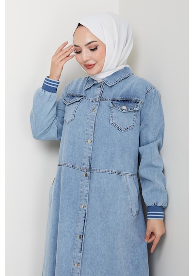 Hb Harma Time Butik Kadın Cepli Düğmeli Ribana Detaylı Kot Mavi Uzun Kap