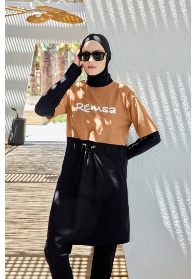 Remsa Mayo Spor Likra Logo Detay Tam Kapalı Tesettür Mayo R140 Camel