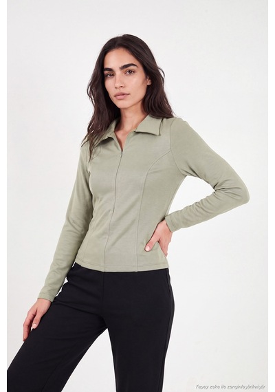 Lela Dikiş Detaylı Yarım Fermuarlı Örme Bluz Kadın Bluz 5866643 Olive