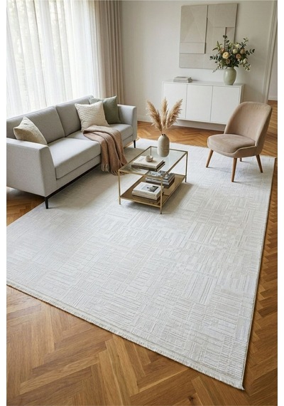 Leiva Home London 001 Krem Özel Ölçü Bambu Akrilik Yumuşak Kaymaz Taban Salon Koridor Mutfak Saçaklı Halı 0038-krem/bej/gri
