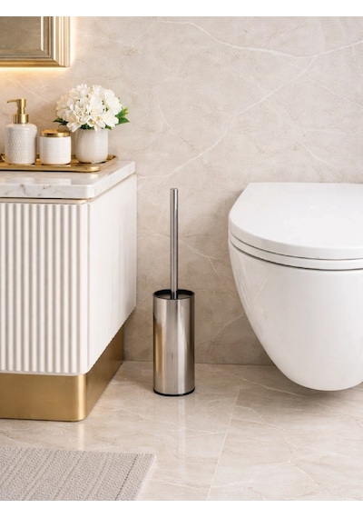 Paslanmaz Çelik İnce Silindir Tuvalet Fırçası Modern, Şık Wc Fırçası Ve Standı Vıchy-7048 Gümüş