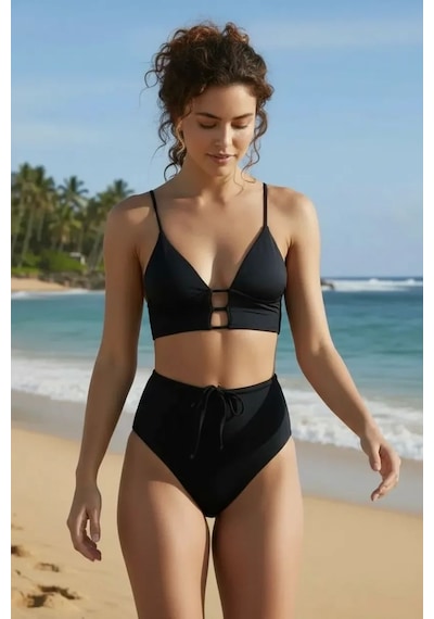 Kadın Siyah Yüksek Bel Toparlayıcı Bikini Takımı