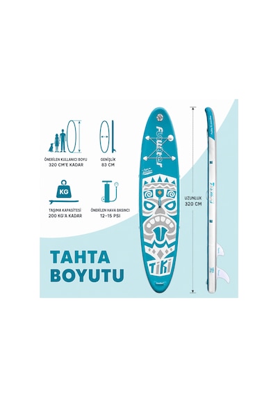 Tiki Mavi Şişme Sup Board/stand Up Paddle Board Pati Dostu Yüzey 320x83x15 Cm