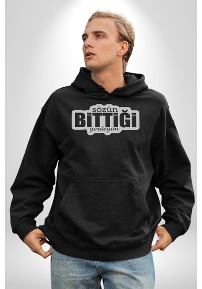 Sözün Bittiği Yerdeyim Kadın Erkek Siyah Kapüşonlu Sweatshirt Hoodie Siyah