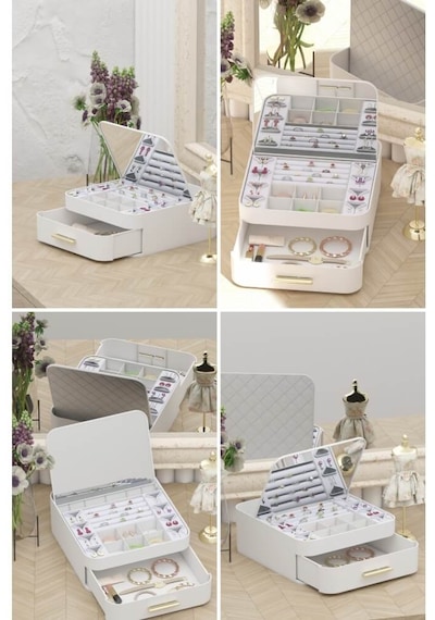 Piev House By House Çekmeceli Aynalı Çok Bölmeli Makyaj Takı Organizer Krem
