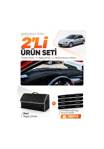 Honda Civic Eg-ex-el 1994-2000 Uyumlu Torpido Örtüsü + Deri Bagaj Çantası + Sticker - Siyah Gri