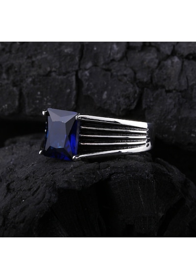 925 Ayar Gümüş Baget Safir Taşlı Erkek Yüzük Silver