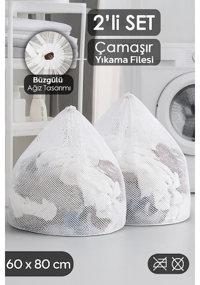 2'li Perde Ve Çamaşır Yıkama Filesi Seti - Büyük Boy İpli Yıkama Filesi 60x80 Cm Beyaz