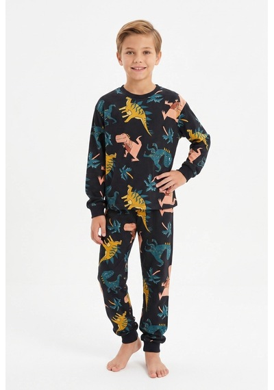 Bunny Hopp Erkek Çocuk Uzun Kollu Pijama Takımı %100 Pamuk Siyah Renkli Dinozor Desenli Penye Bunny Hopp Erkek Çocuk Uzun Kollu Pijama Takımı %100 Pamuk Siyah Renkli Dinozor Desenli Penye