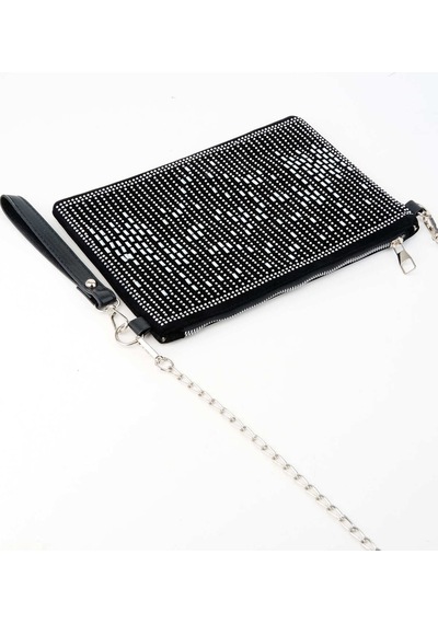 Vivaq Kadın Dikey Gümüş Taşlı Süet Bilek Askılı Ve Zincir Askılı Portföy El Ve Clutch Çanta SİYAH