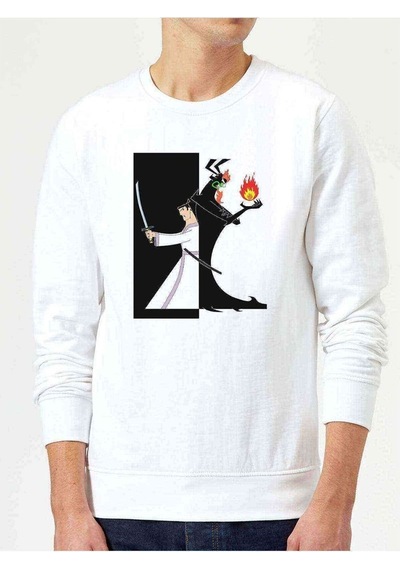 Samurai Jack Baskılı Beyaz Erkek Örme Sweatshirt (530945798)