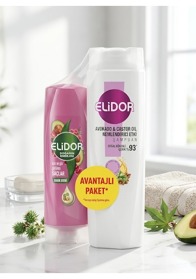 Elidor Şampuan Avokado Castor Oil Nemlendirici Şampuan 400ml + Saç Kremi 200ml