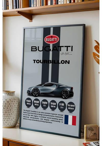 Bugatti Tourbillon Araba Tablosu - Teknik Özellikli Otomobil Poster - Çerçeveli Duvar Dekoru Siyah