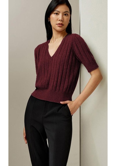 Bordo V Yaka Örgülü Kadın Triko Tişört Mg2369 Bordo