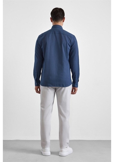 Süvari Lacivert Slim Düğmeli Yaka Düz Cepsiz Casual Gömlek Gm2025500498-m09