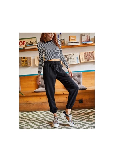 Tarzsokak Unisex Siyah Cepli Beli Bağcıklı Basic Eşofman Altı Jogger