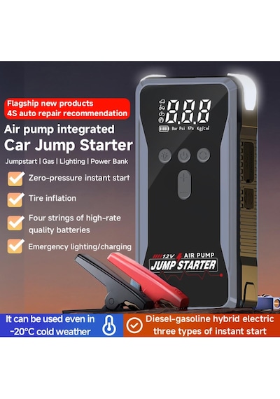 Şarjlı Taşınabilir 12 Volt Akü Takviye Cihazı Lastik Hava Kompresörü 5v Powerbanklı Işıklı Çantalı
