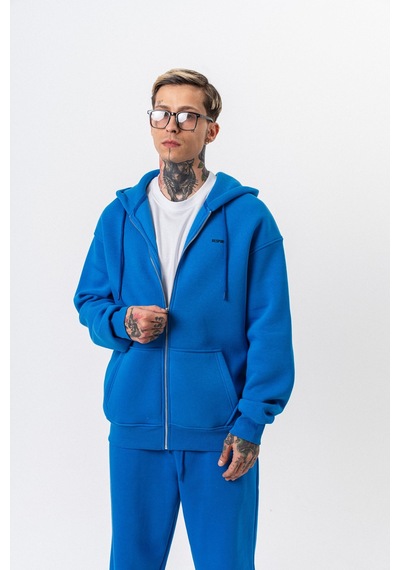 Erkek Respire Yazı Detaylı Kapüşonlu Basic Zip Oversize Hoodie Mavi