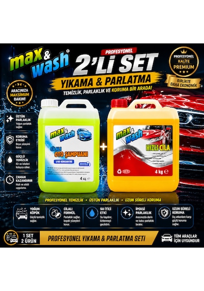 Max&wash 2'li Profesyonel Araç Bakım Seti 4 Kg Cilalı Oto Şampuan + 4 Kg Hızlı Cila Parlaklık, Koruma Ve Güçlü Temizlik