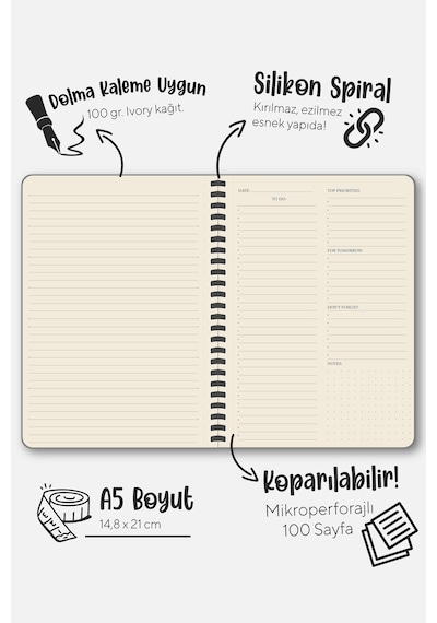 Sylcon Spiralli Defter To-do . Pp.100 Gr. Ivory,a5 Siyah Siyah3