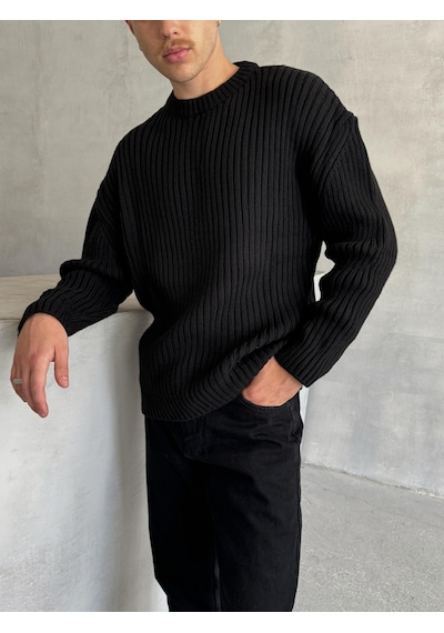 Erkek Fitilli Örme Oversize Kazak Siyah