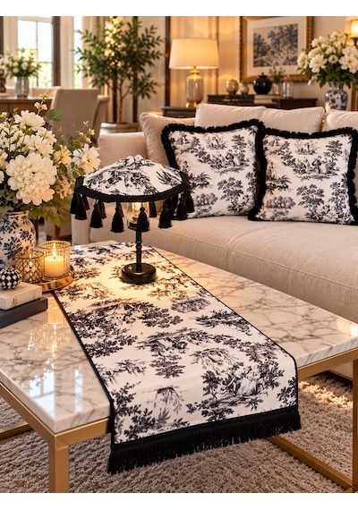 Missidea Black Toile Elegance Desenli Dekoratif Masa Üstü Lambası Bali Şemsiyesi Seti Şemsiye + Runner + 2 Li Kırlent Kılıfı Siyah
