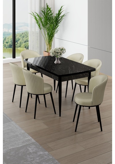 Canisa Asfel Serisi Mdf 77x130 Siyah Mermer Desen Yandan Açılabilir Mutfak Masa Takımı 6 Krem Sandalye Siyah Mermer Masa Krem Sandalye