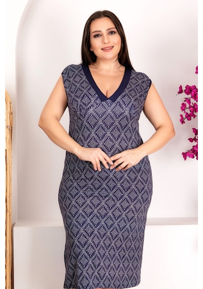 Lady Anneler İçin Şık Ve Rahat 8911 Lacivert Büyük Beden Desenli Anne Tunik Gecelik