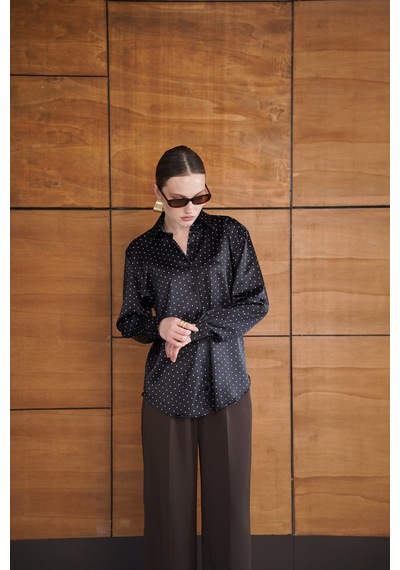 Verymoda Puantiyeli Saten Gömlek - F2076 SİYAH