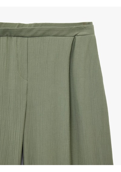 Koton Viskon Cepli Pileli Dokulu Geniş Paça Pantolon Haki 6sak40299pw