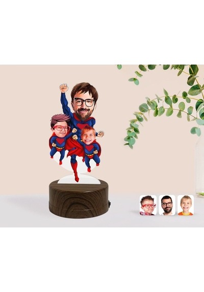 Kişiye Özel Süper Baba Ve Çocuklar Karikatürlü Dekoratif 3D Biblo
