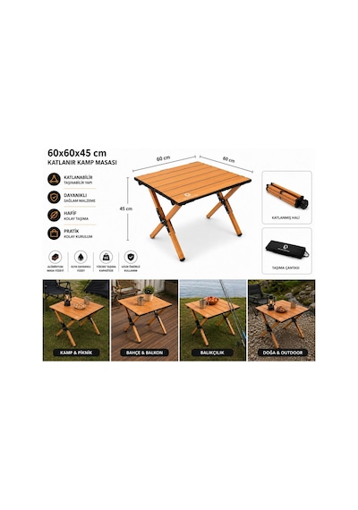60x60x45 Cm Katlanır Kamp Ve Piknik Masası Hafif, Dayanıklı Ve Taşınabilir Ahşap