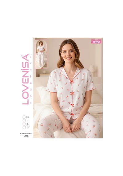 Lovenisa 12053 Kadın Kaşkorse Düğmeli Pijama Takımı Beyaz