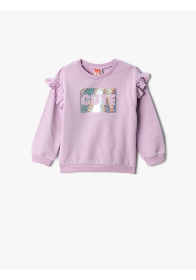 Koton Fırfırlı Baskılı Sweatshirt Uzun Kollu Bisiklet Yaka Şardonlu Lila 3smg10039ak Lila