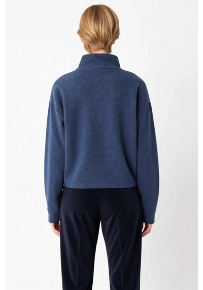 Benerly Kadın Dik Yaka Düşük Kol Fermuarlı Regular Kalıp Örme Sweatshirt Indigo