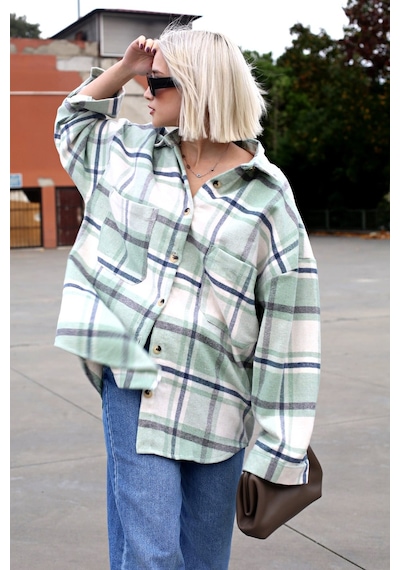 Madmext Su Yeşili Oversize Kadın Oduncu Gömlek Mg1589 Suyeşili