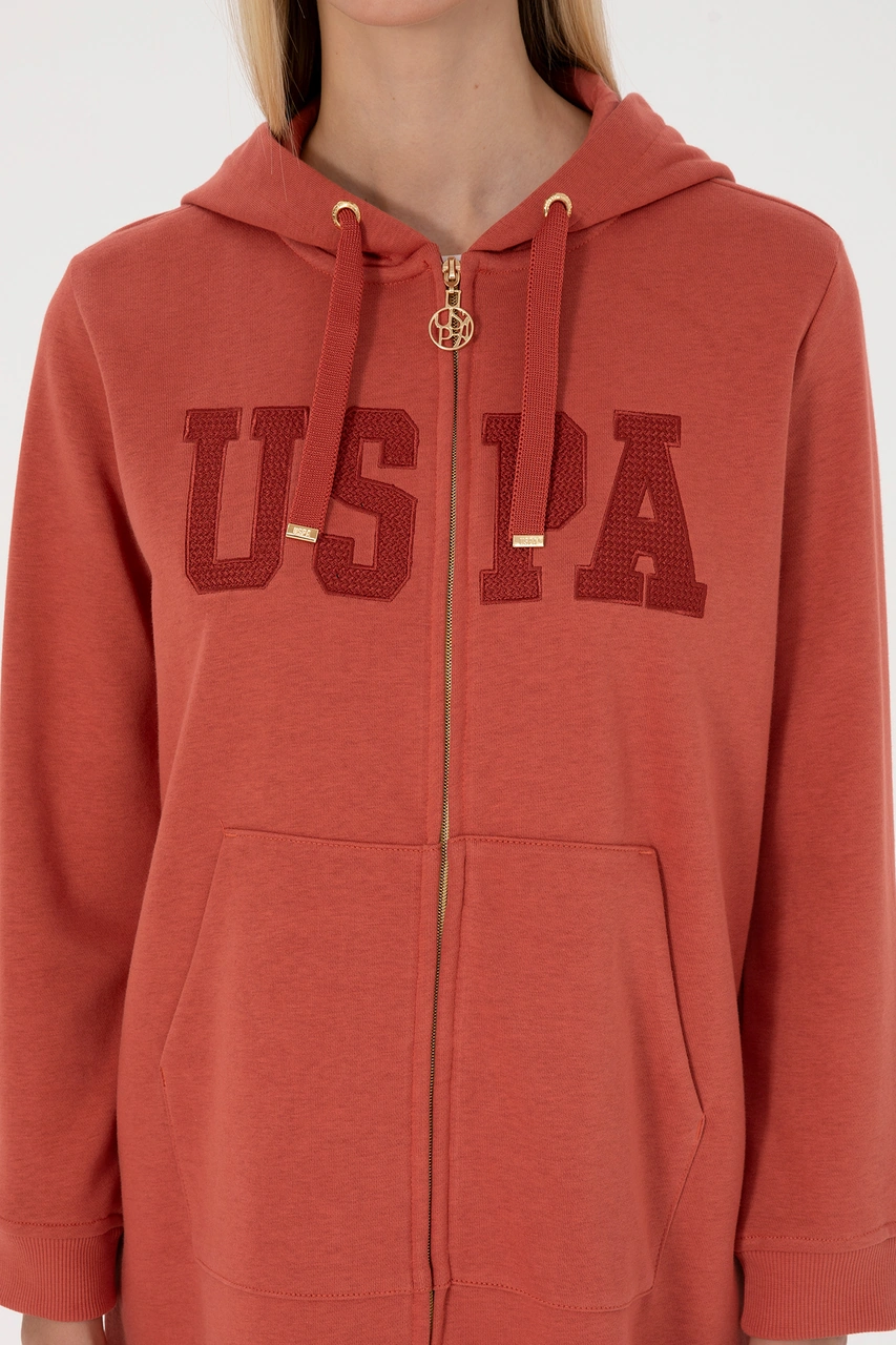 U.S. Polo Assn. Kadın Kiremit Uzun Fermuarlı Kapüşonlu Basic Sweatshirt 50307724-VR026