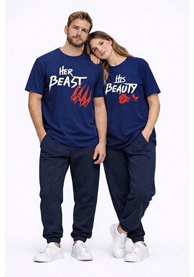 Sevgili Kombini Her Beast His Beauty Oversize Çift Tişört Unisex Lacivert