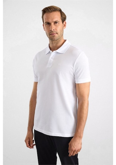 Süvari Beyaz Slim Düz Nakışlı Pike Düğmeli Polo Yaka Tişört Ts1014000474-bey