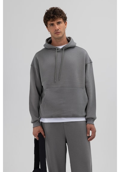 Vamos Basic Oversize Kapüşonlu Sweatshirt Füme
