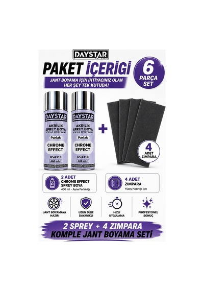 Daystar Jant Boyama Seti 2 Adet Krom Effect Sprey Boya 400 Ml + 4 Adet Zımpara Profesyonel Krom Gö Çok Renkli