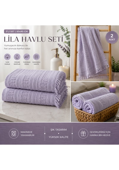 2'li Yüz Havlusu Seti 50x90 Cm Pamuklu El Havlusu Püsküllü Yumuşak Dokulu Yüksek Emici Günlük Kullanım Lila