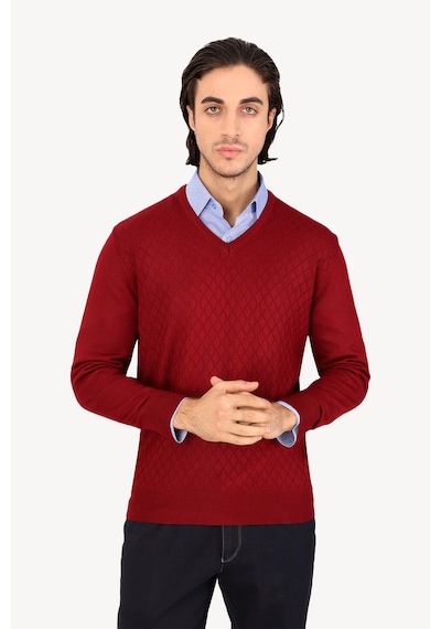 Erkek Bordo Yünlü Klasik V Yaka Desenli Triko