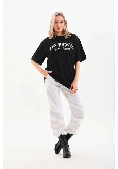 Freedom Storee Kadın Baskılı Tişört Kısa Kol Bisiklet Yaka Oversize T-shirt - Siyah Çok Renkli