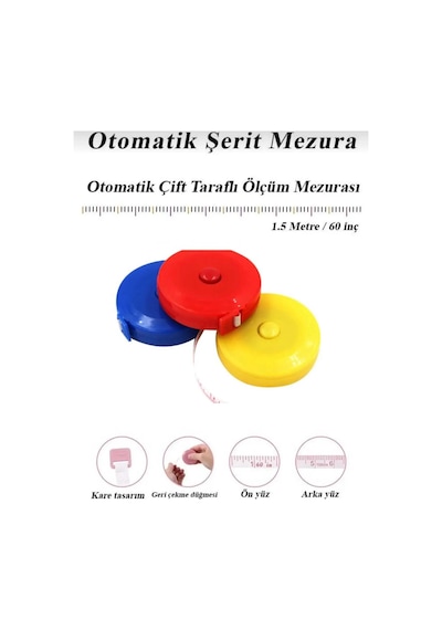4 Adet Renkli Makaralı Otomatik Basmalı Mezura 150 Cm Terzi Metresi 1,5 M 1,5 M Diğer
