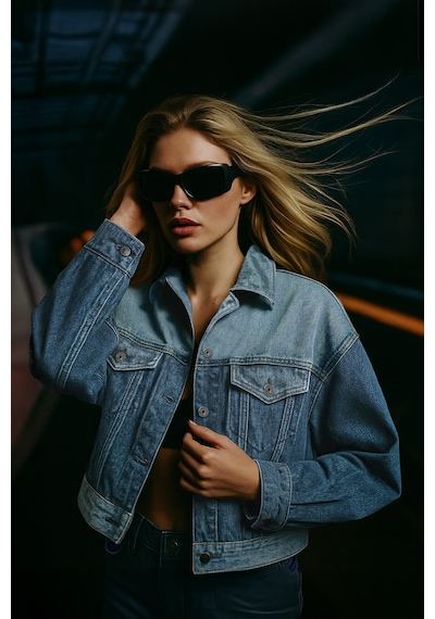 Kadın Renk Bloklu Oversize Jean Ceket Mavi 001
