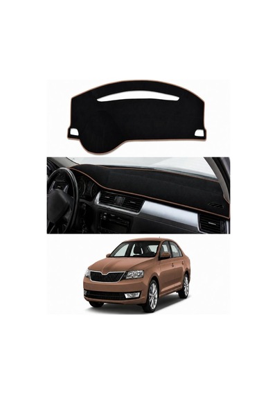 Skoda - Rapid 2012-2019 Uyumlu Torpido Koruma Kılıfı - Kahverengi Şeritli