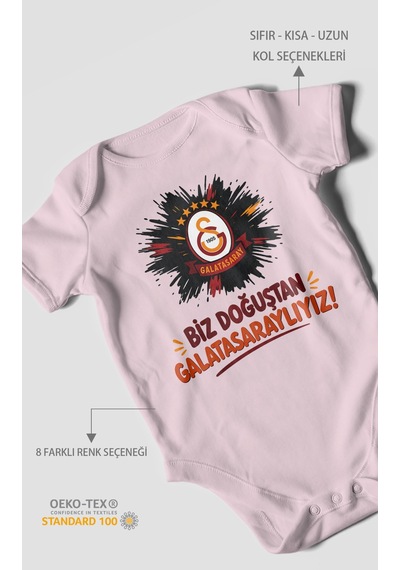 Morivokids Biz Doğuştan Galatasaraylıyız Kısa Kollu Bebek Body %100 Pamuk Bebe Pembe